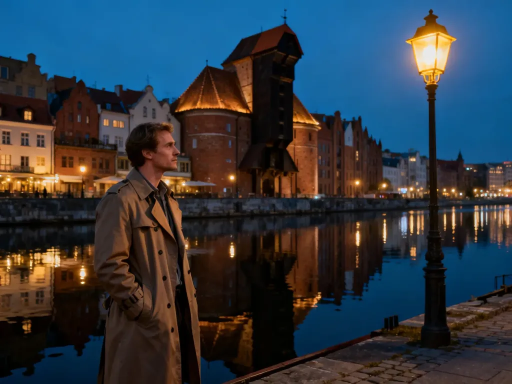 Mężczyzna w prochowcu patrzy na oświetlone nabrzeże Gdańska o zmierzchu, co oddaje filmowy klimat serialu Heweliusz.