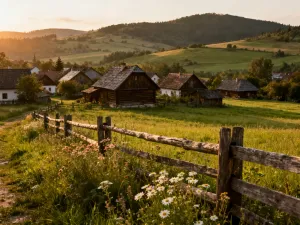 Malownicze ruiny średniowiecznego zamku w otoczeniu lasu podczas zachodu słońca, nawiązujące do klimatu filmu Krzyżacy.
