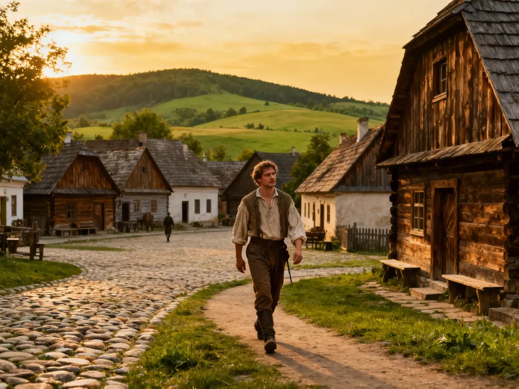 Malowniczy rynek dziewiętnastowiecznej polskiej wsi z drewnianymi chatami, gdzie kręcono sceny do filmu „Znachor”.