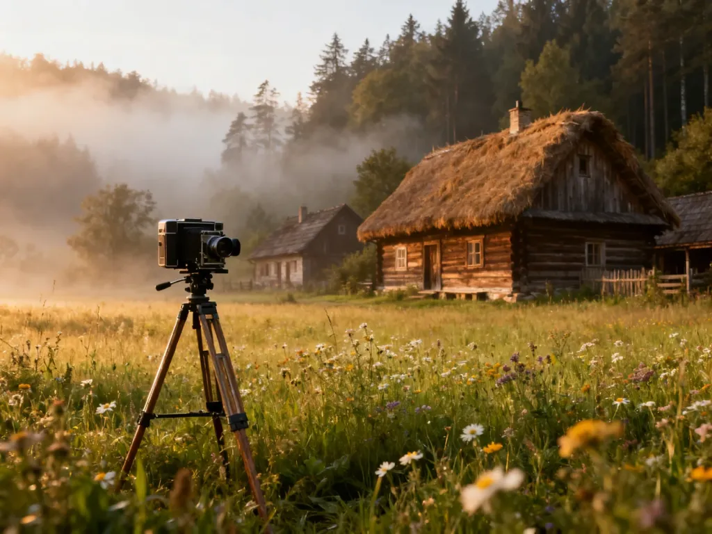 Zabytkowa kamera filmowa na tle malowniczej podlaskiej wsi o zachodzie słońca, podkreślająca filmowy klimat regionu.