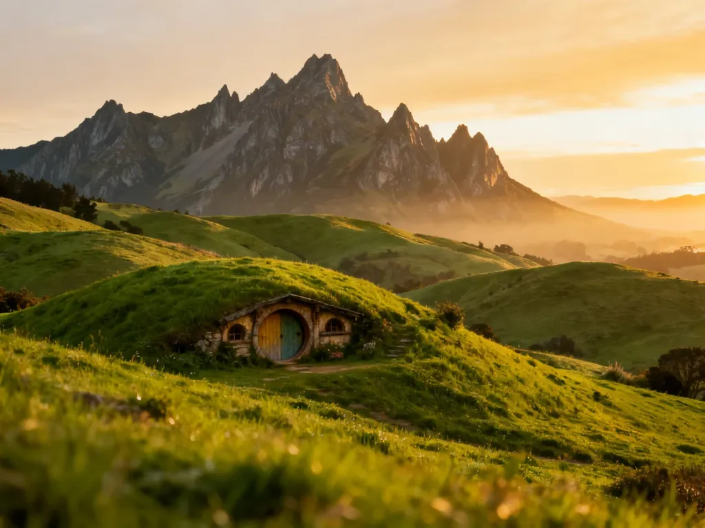 Zielone wzgórza Hobbitonu w Nowej Zelandii z charakterystyczną okrągłą norką na tle majestatycznych gór o wschodzie słońca.