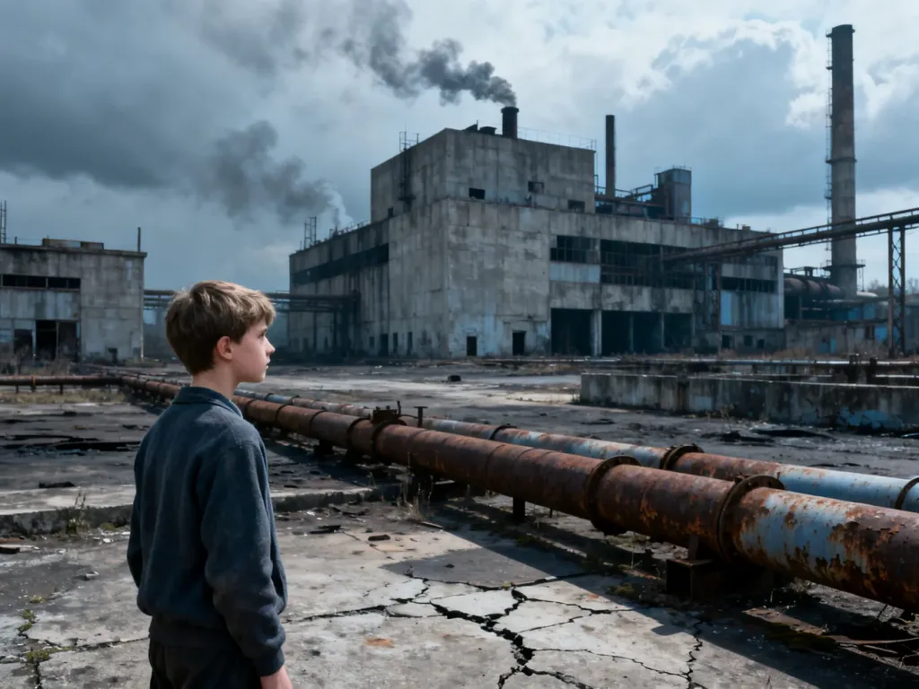 Samotny chłopiec stoi na tle zniszczonego, industrialnego krajobrazu z lat 70., podkreślając surowy klimat filmu.
