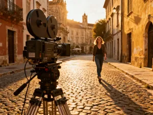 Malowniczy rynek dziewiętnastowiecznej polskiej wsi z drewnianymi chatami, gdzie kręcono sceny do filmu „Znachor”.